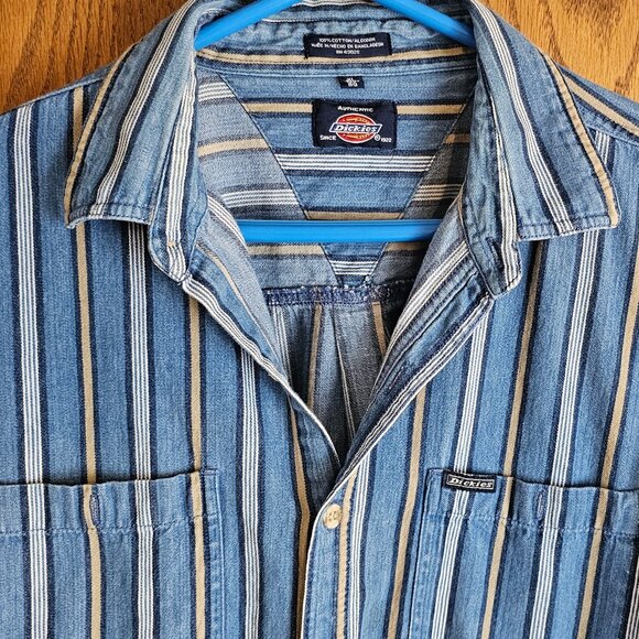 Vintage Dickies Shirt Mens XL Striped Chambray Denim Long Sleeve - Picture 2 of 3